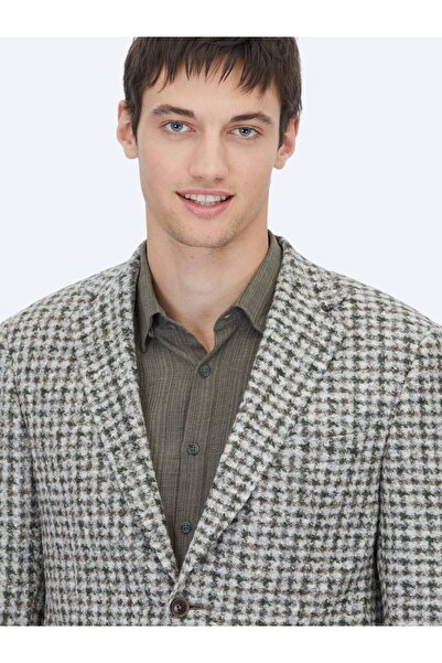 Kip Khaki Patterned Modern Fit Wool Blend Knitted Jacket