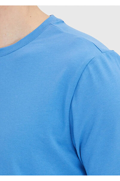 Ramsey Blue Plain Crew Neck Cotton Blend T-Shirt