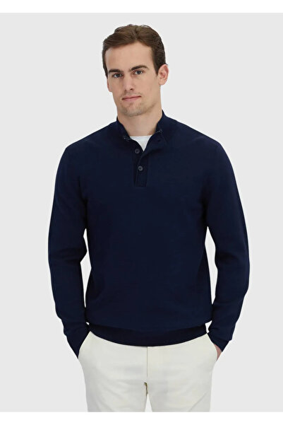 Ramsey Navy Blue Polo Neck Plain Knit Sweater