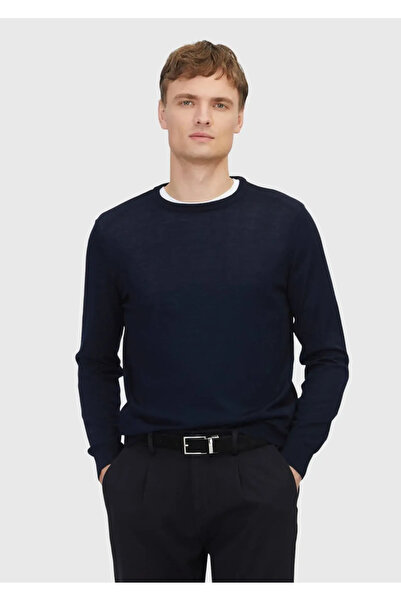 Ramsey Navy Blue Crew Neck Plain Knit Wool Blended Sweater