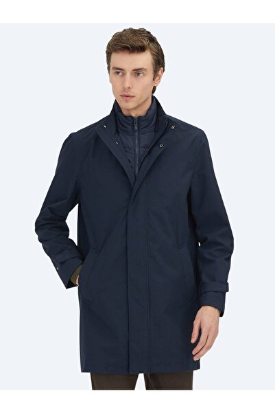 Kip Navy Blue Oversized Fit Double-Breasted Collar Casual Woven Overcoat