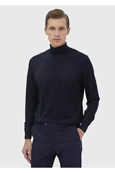 Ramsey Lacivert Tam Balıkçı Yaka Düz Örgü Yün Karışımlı Triko Kazak