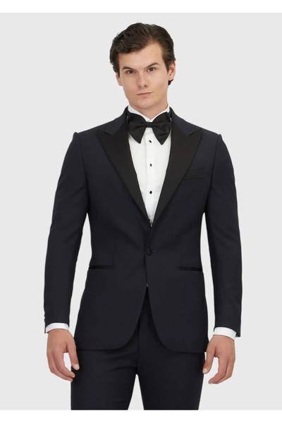 Ramsey بدلة سهرة منسوجة ذات ياقة قصة ضيقة بأزرار على الجهتين باللون الأزرق الداكن