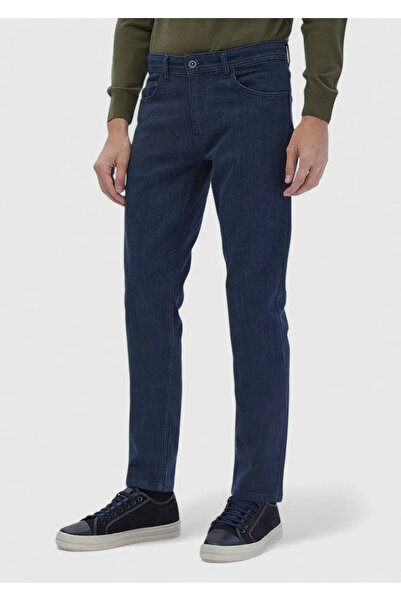 Ramsey Blue Straight Slim Fit Denim Cotton Blended Trousers