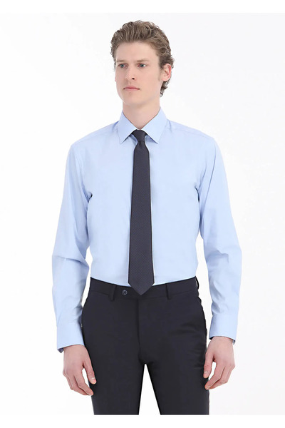 Ramsey Μπλε μονόχρωμο υφαντό κλασικό βαμβακερό πουκάμισο με κανονική εφαρμογή