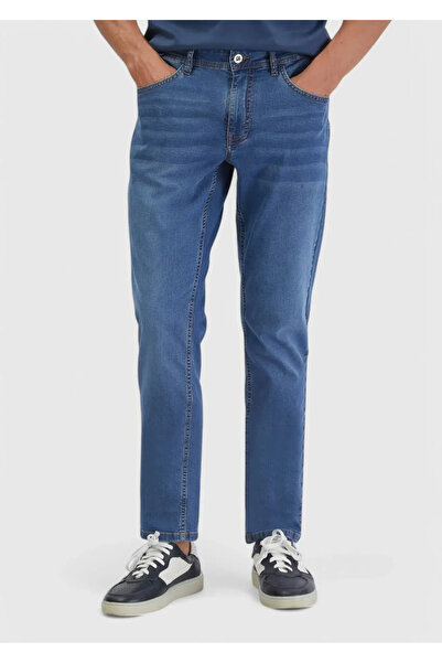 Ramsey Blue Straight Slim Fit Denim Cotton Blended Trousers