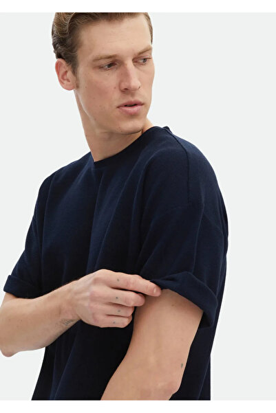 Ramsey Μπλουζάκι Navy Blue Jacquard Crew Neck 100% βαμβακερό