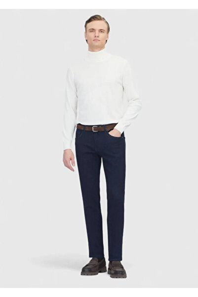 Ramsey Navy Blue Straight Slim Fit Denim Cotton Blended Trousers