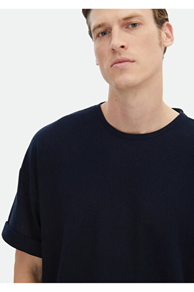 Ramsey Μπλουζάκι Navy Blue Jacquard Crew Neck 100% βαμβακερό