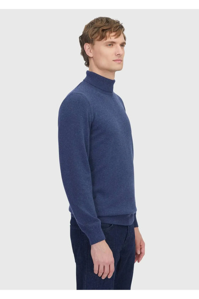 Ramsey Indigo Full Turtleneck Solid Knit Wool Blended Knitwear Sweater
