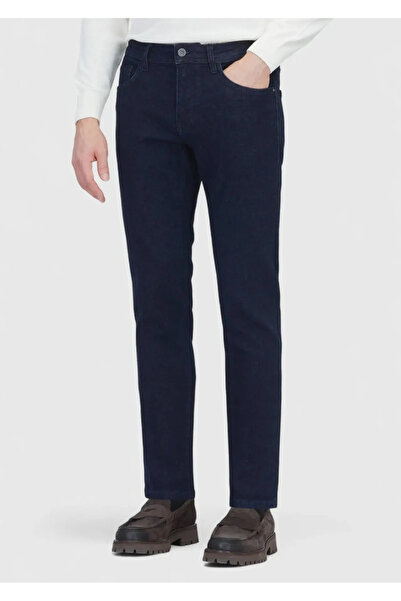 Ramsey Navy Blue Straight Slim Fit Denim Cotton Blended Trousers