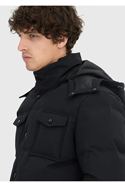 Ramsey Black Regular Fit Hooded Casual Woven Coat