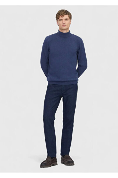 Ramsey Indigo Full Turtleneck Solid Knit Wool Blended Knitwear Sweater
