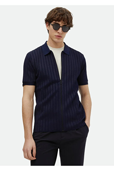 Ramsey Navy Blue Polo Collar Jacquard Cardigan