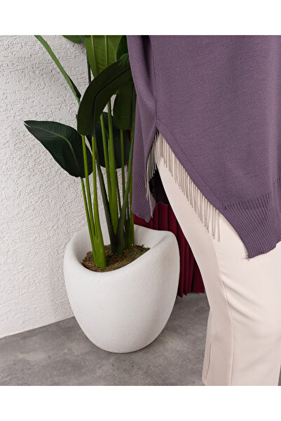 Sfg Life Moda Πέτρινη Λεπτομερής λαιμόκοψη ποδηλάτου με σχισμή πλεκτό χιτώνα μεγάλου μεγέθους - μπαλόνι μανίκι