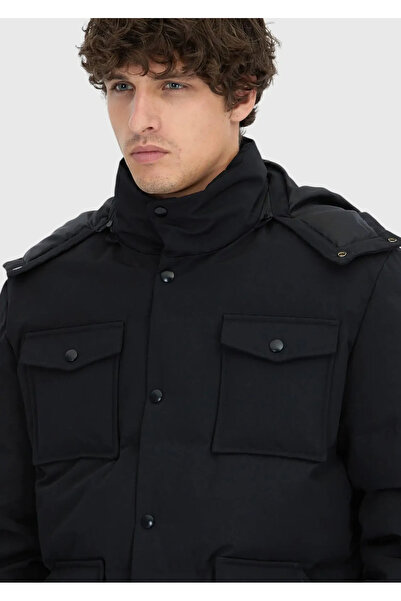 Ramsey Black Regular Fit Hooded Casual Woven Coat