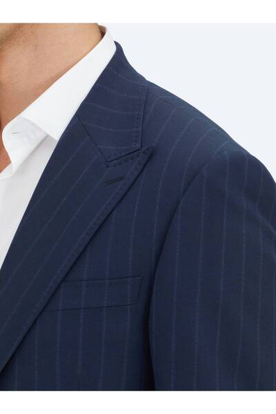 Kip Navy Blue Striped Modern Fit Wool Blend Suit