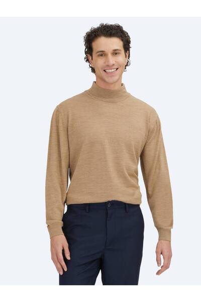 Kip Beige Half Turtleneck Plain Knit Wool Blend Sweater