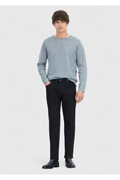Ramsey Black Straight Slim Fit Denim Cotton Blended Trousers