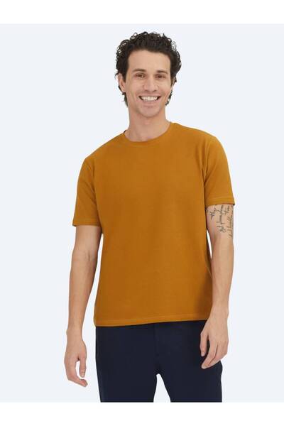 Kip Mustard Plain Crew Neck Cotton Blend T-Shirt