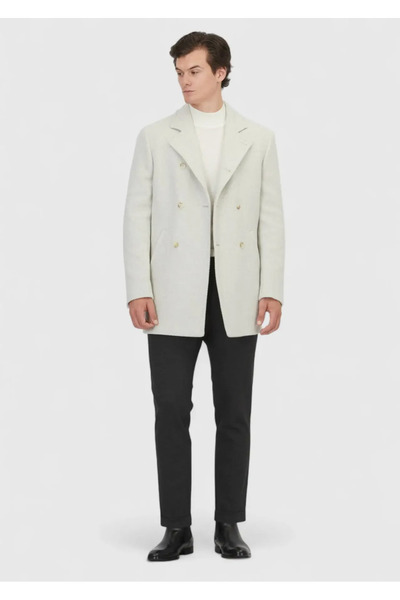 Ramsey Ecru Regular Fit Double Breasted Collar Casual Woven Coat