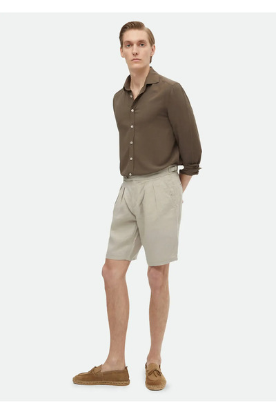 Ramsey Beige Linen Bermuda - Plain Weave, Carrot Fit, Casual 100% Linen