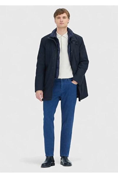 Ramsey Navy Blue Mock Neck Casual Woven Coat