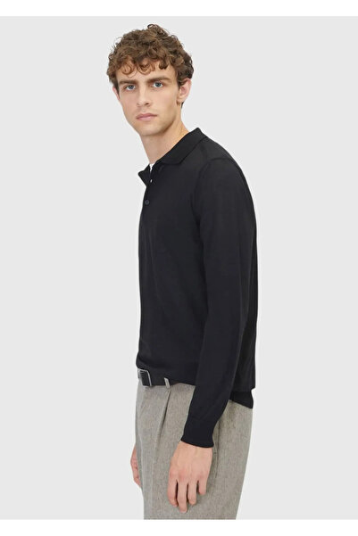 Ramsey Πλεκτό πουλόβερ μαύρο γιακά Polo με απλό πλέγμα μαλλί