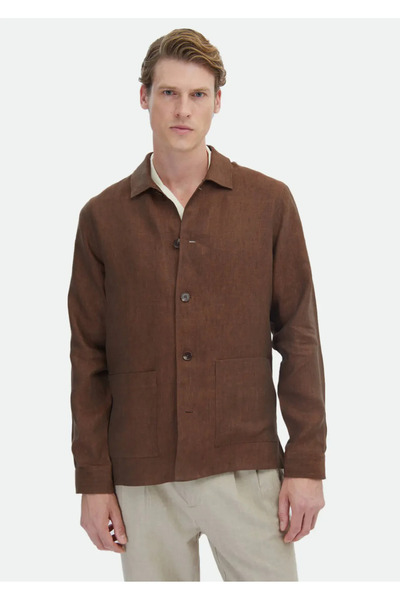 Ramsey Kiremit Düz Regular Fit Dokuma %100 Keten Overshırt