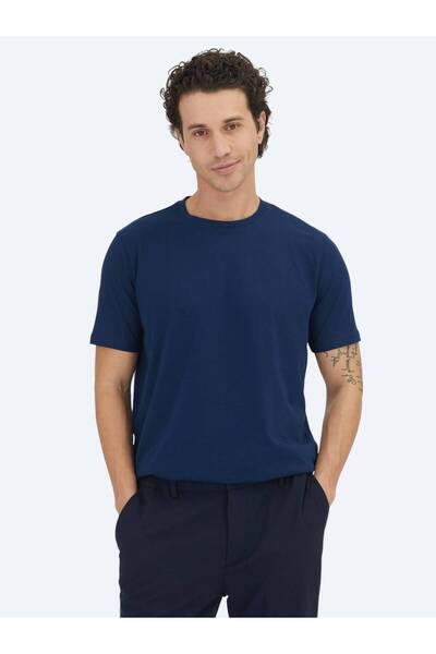 Kip Navy Blue Plain Crew Neck 100% Cotton T-Shirt