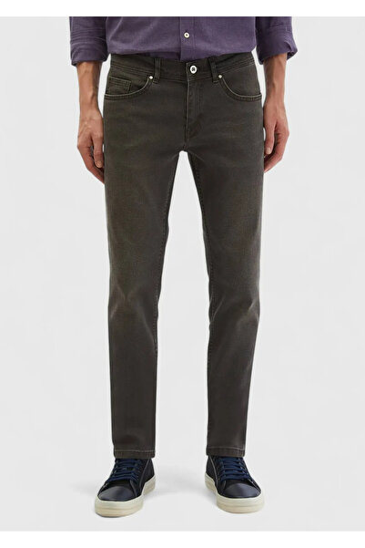 Ramsey Brown Straight Slim Fit Denim Cotton Blended Trousers