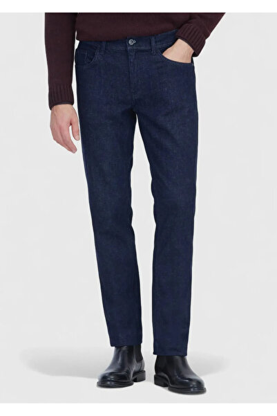 Ramsey Navy Blue Straight Slim Fit Denim Cotton Blended Trousers