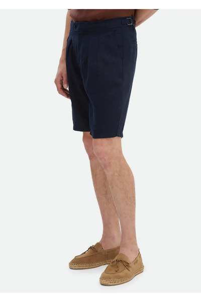 Ramsey Navy Blue Casual Linen Bermuda - Plain Woven Carrot Fit