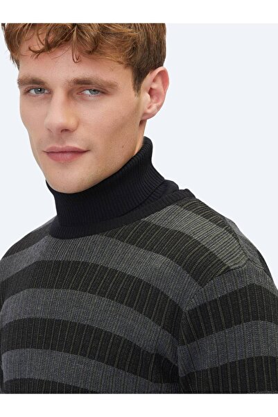 Kip Black Crew Neck Patterned Cotton Blend Sweater Sweater