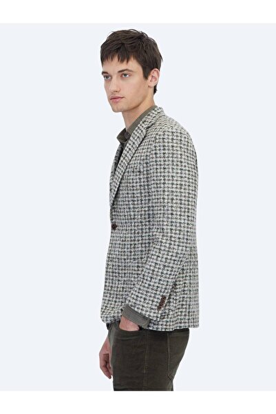 Kip Khaki Patterned Modern Fit Wool Blend Knitted Jacket