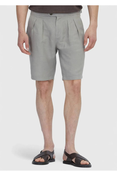 Ramsey Mink Plain Woven Carrot Fit Casual 100% Linen Bermuda