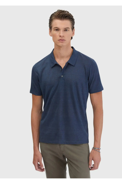 Ramsey Navy Blue Plain Polo Neck 100% Linen T-Shirt
