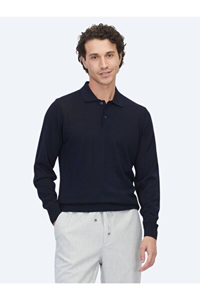 Kip Pulover tricotat din amestec de lână jacquard cu guler polo bleumarin