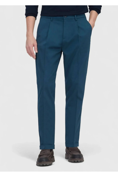 Ramsey Petrol Plain Woven Regular Fit Casual Cotton Blend Trousers