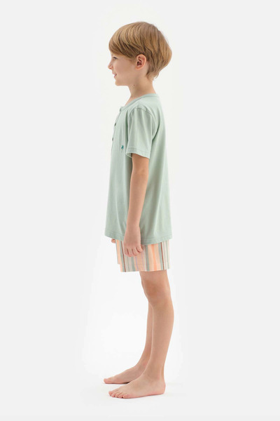 Dagi Mint Half Placket Embroidery Detailed T-Shirt Shorts Pajama Set