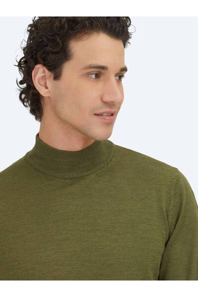 Kip Dark Green Half Turtleneck Plain Knit Wool Blend Sweater
