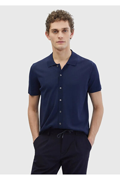 Ramsey Navy Blue Polo Collar Plain Knitted Cardigan