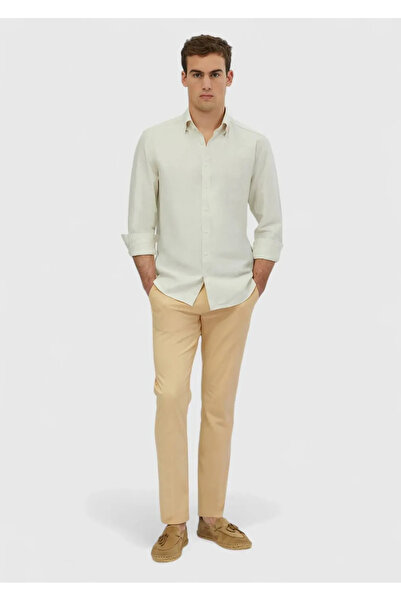 Ramsey Ekru Çizgili Casual Fit Dokuma Casual Pamuk Karışımlı Gömlek