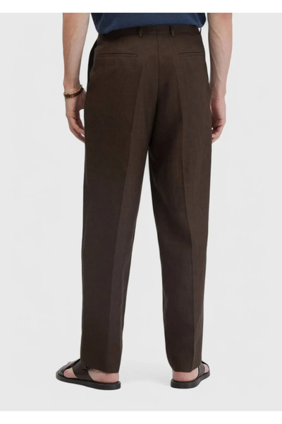 Ramsey Brown Plain Fabric Regular Fit Casual 100% Linen Trousers