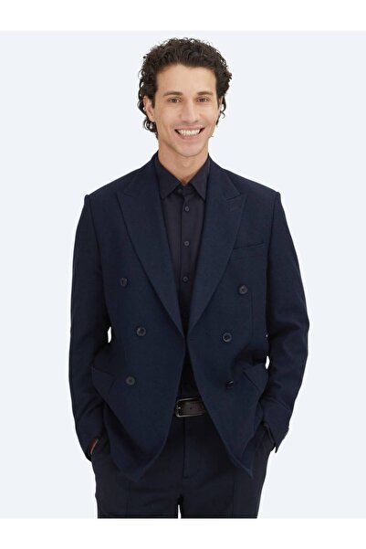 Kip Navy Blue Plain Modern Fit Wool Blend Jacket