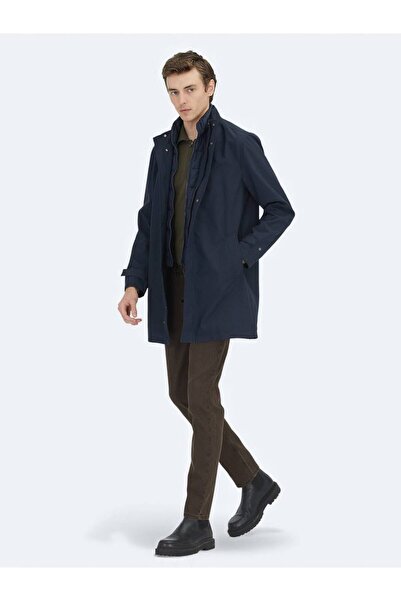 Kip Navy Blue Oversized Fit Double-Breasted Collar Casual Woven Overcoat