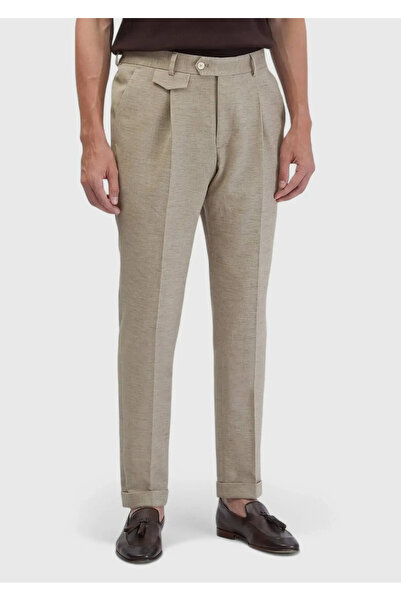 Ramsey Dark Beige Plain Fabric Regular Fit Casual Cotton Blend Trousers