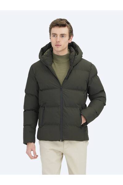 Kip Χακί Regular Fit με κουκούλα casual υφαντό παλτό