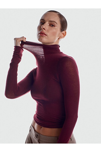 Dilvin 32277 Turtleneck Cashmere Blouse-Burgundy
