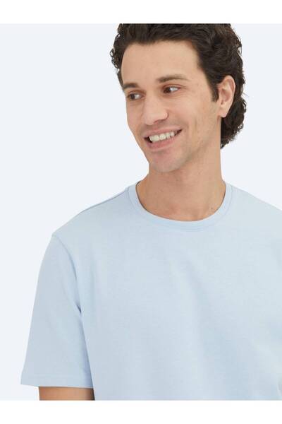 Kip Medium Blue Plain Crew Neck 100% Cotton T-Shirt